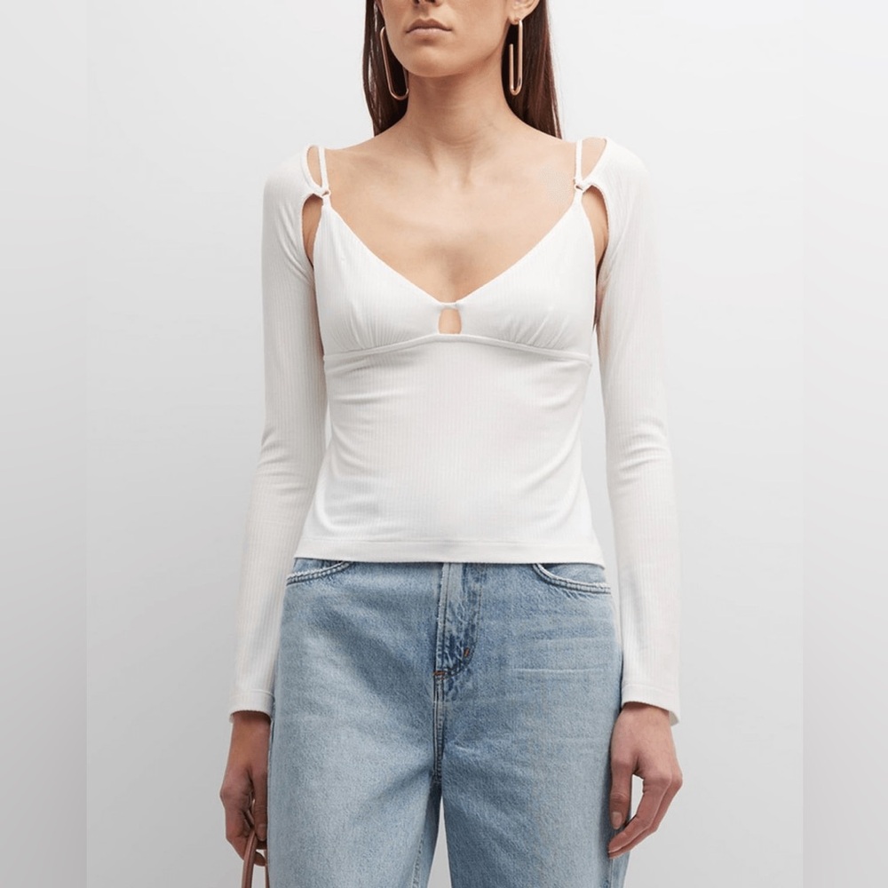 SIMKHAI NWT White Dakota Ribbed Cutout Top with Attached Shrug